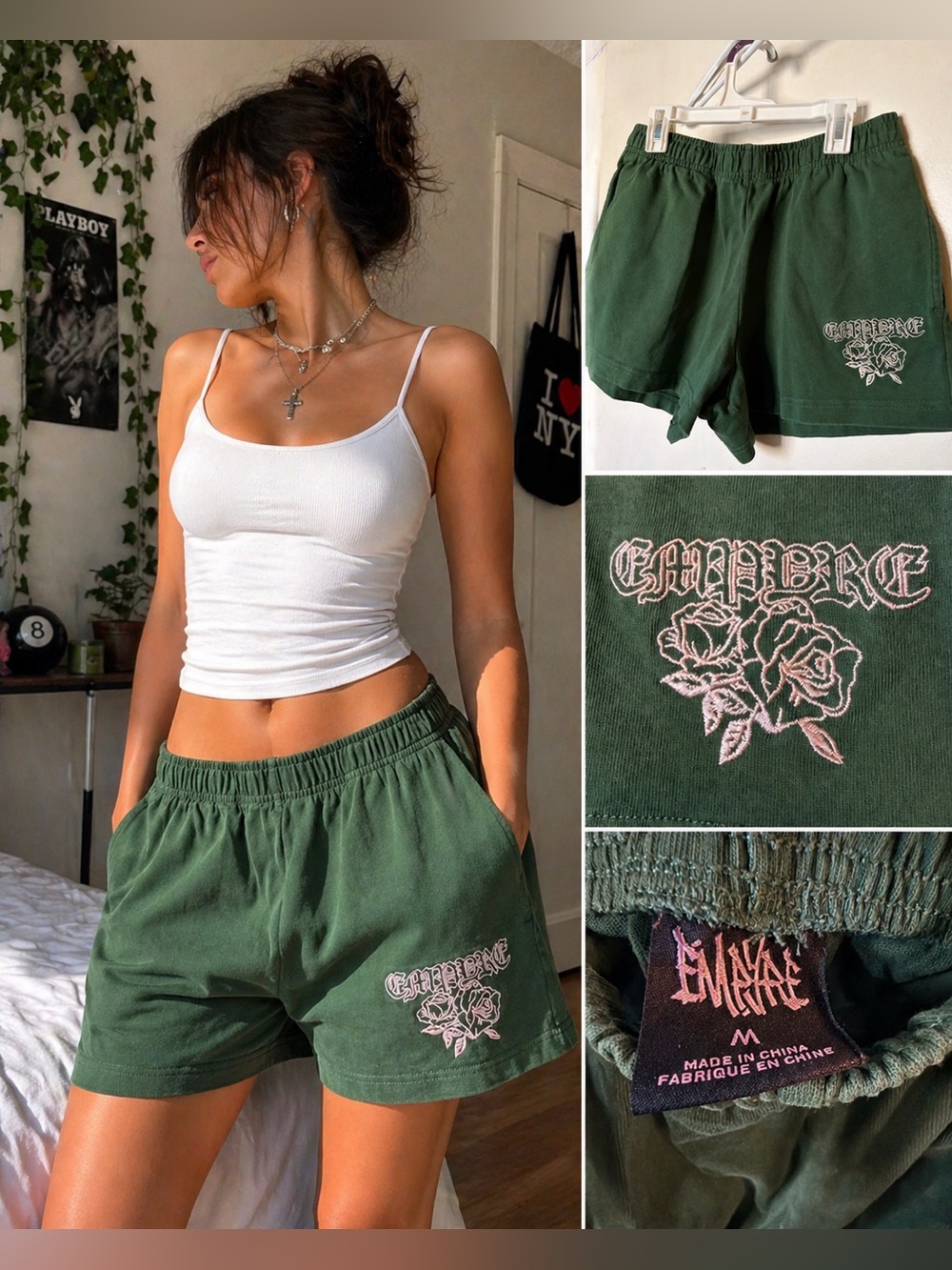 Empire Green Embroidered Rose Gothic Shorts Size M Streetwear Y2K
